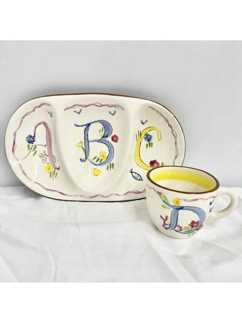 Stangl Hand Painted ABC Child’s Divided Plate & Mug Set Trenton NJ Vintage
